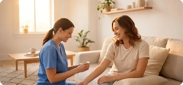 Profesional de salud atendiendo a una paciente en su casa